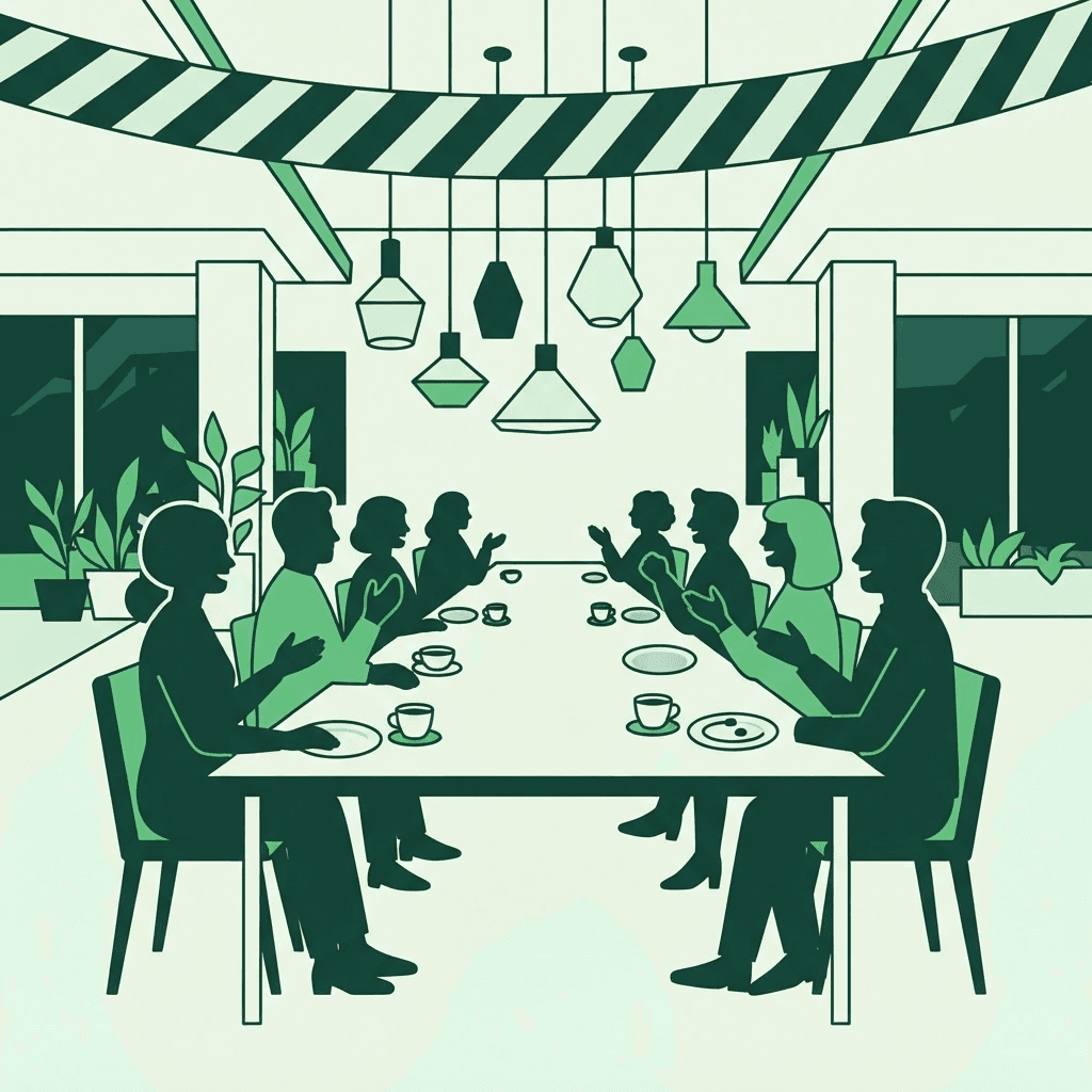 Illustration of club members enjoying an evening together around a table