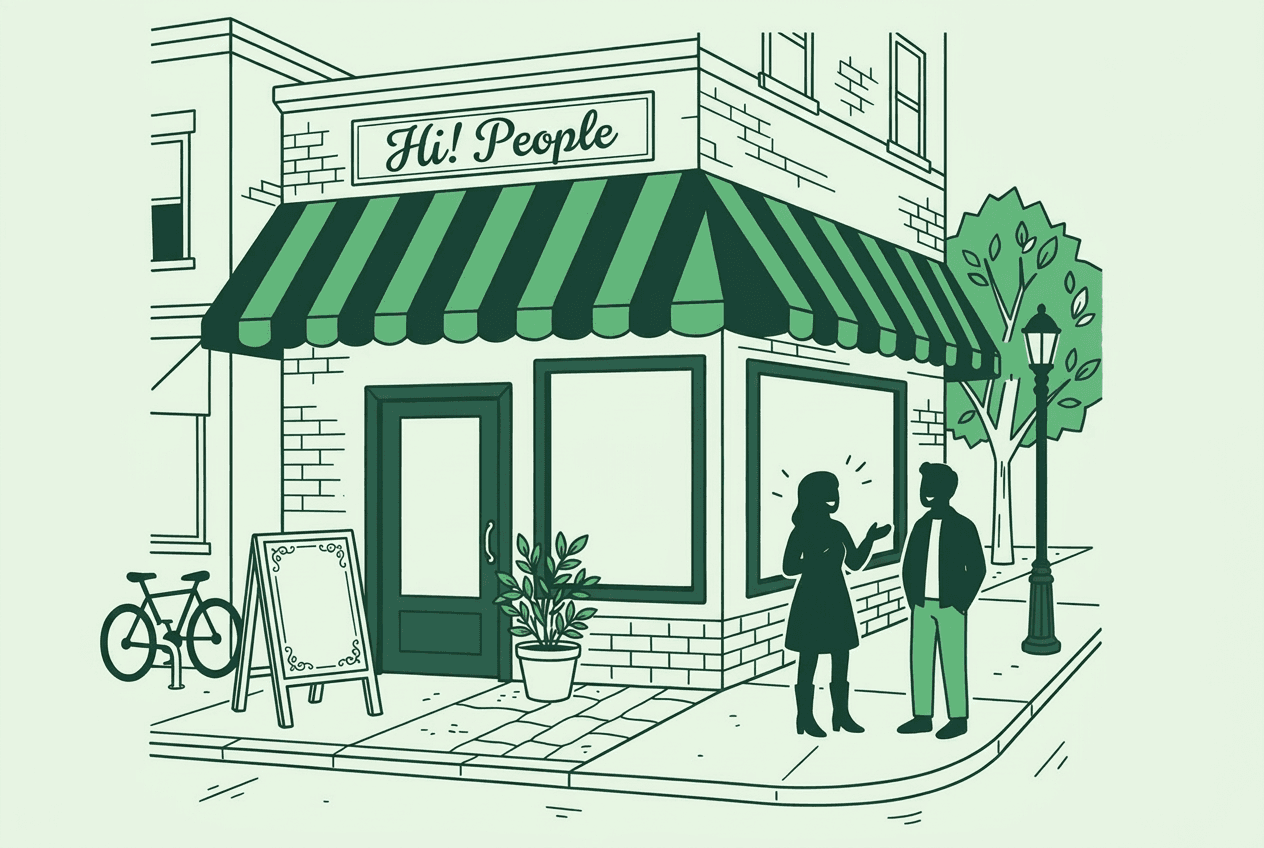 Illustration of the Hi! People storefront with a green striped awning, a bicycle, and two neighbors chatting outside